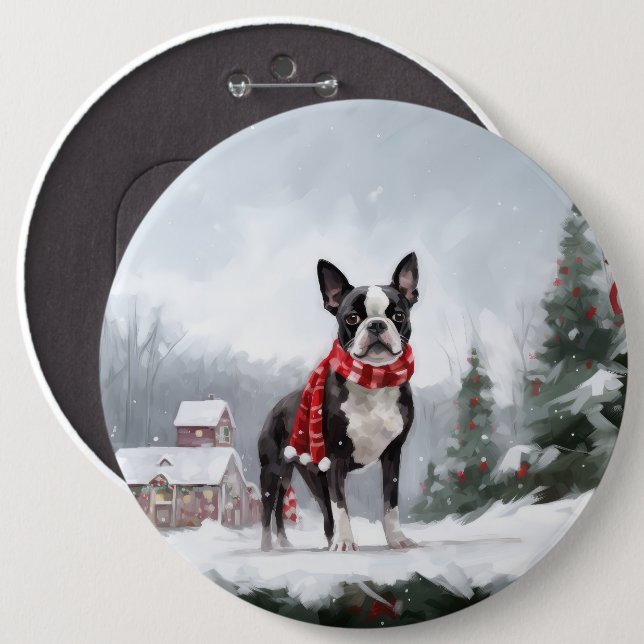 Boston Terrier Dog in Snow Christmas  6 Cm Round Badge (Front & Back)