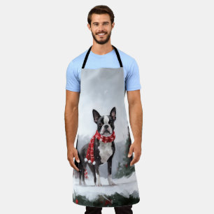 Boston Terrier Dog in Snow Christmas  Apron