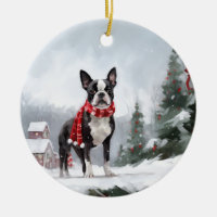 Boston Terrier Dog in Snow Christmas