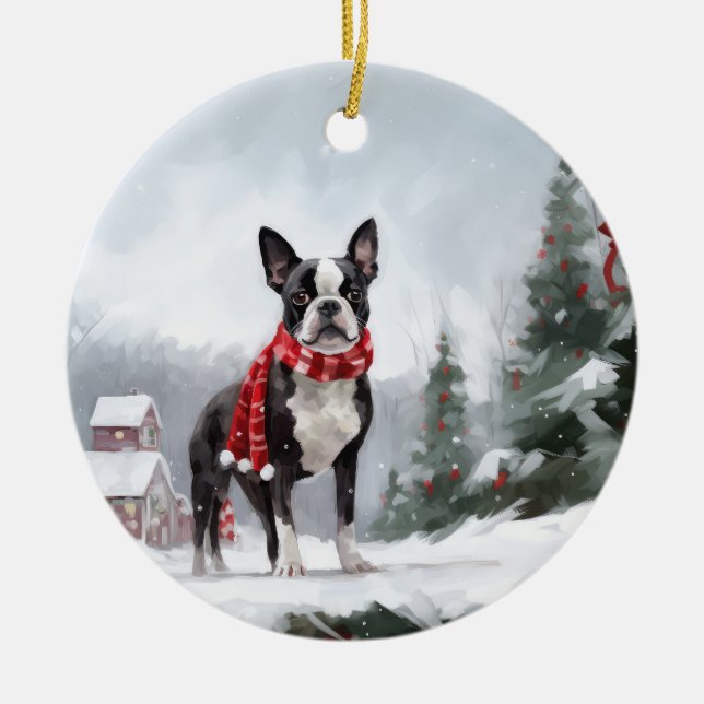 Boston Terrier Dog in Snow Christmas  Ceramic Tree Decoration (Front)