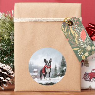 Boston Terrier Dog in Snow Christmas  Classic Round Sticker