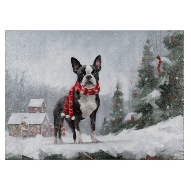 Boston Terrier Dog in Snow Christmas  Cutting Board (Front)