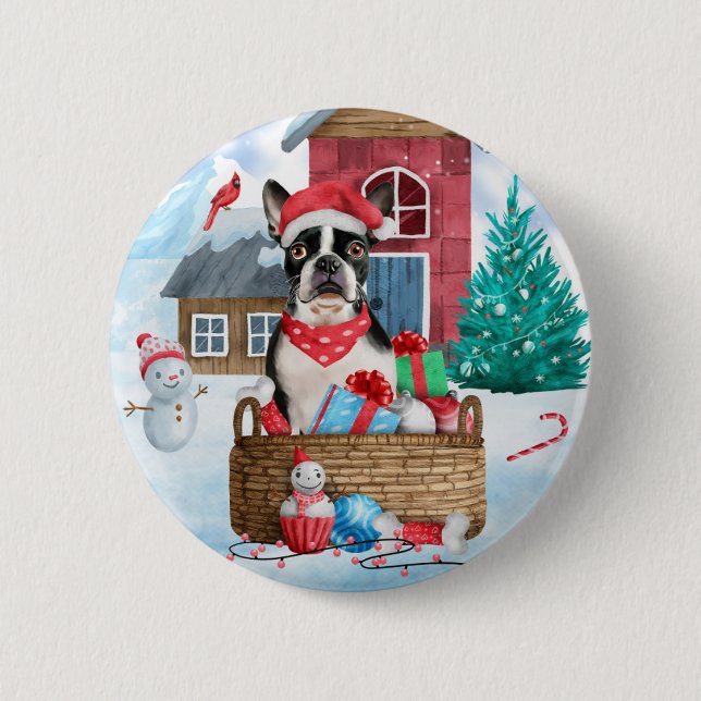 Boston Terrier Dog In snow Christmas Dog House 6 Cm Round Badge (Front)