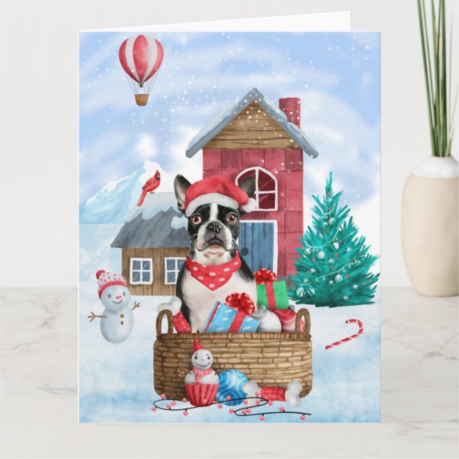 Boston Terrier Dog In snow Christmas Dog House Card (Front)