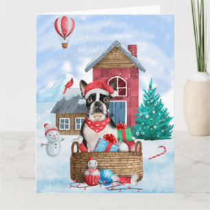 Boston Terrier Dog In snow Christmas Dog House Card