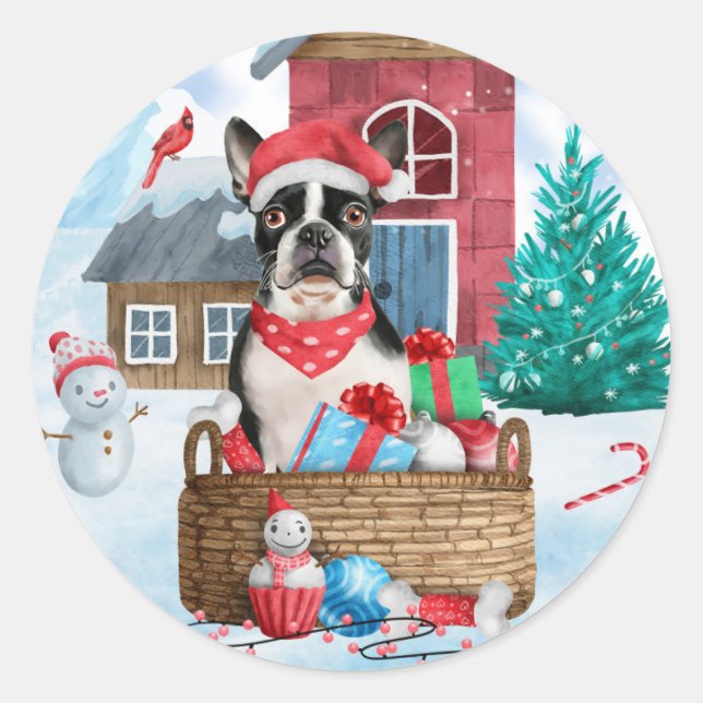 Boston Terrier Dog In snow Christmas Dog House Classic Round Sticker (Front)