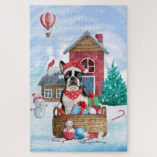 Boston Terrier Dog In snow Christmas Dog House Jigsaw Puzzle