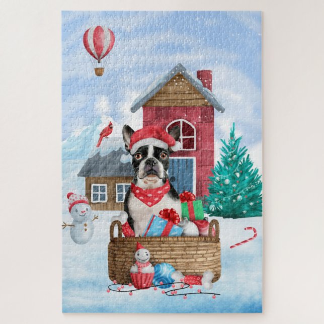 Boston Terrier Dog In snow Christmas Dog House Jigsaw Puzzle (Vertical)