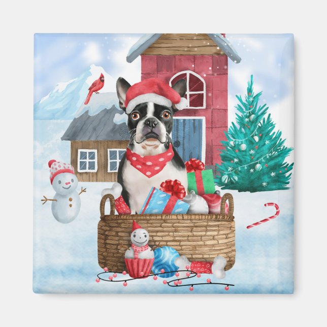 Boston Terrier Dog In snow Christmas Dog House Magnet (Front)