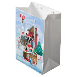 Boston Terrier Dog In snow Christmas Dog House Medium Gift Bag