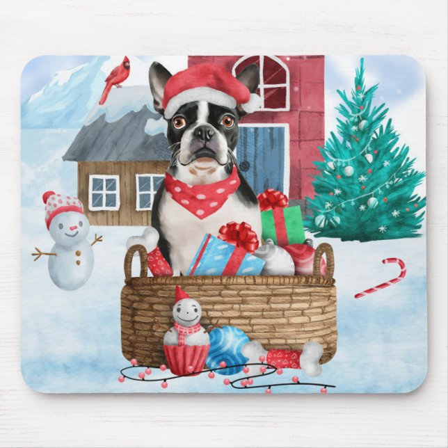 Boston Terrier Dog In snow Christmas Dog House Mouse Mat (Front)