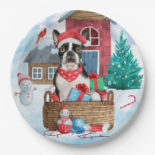Boston Terrier Dog In snow Christmas Dog House Paper Plate