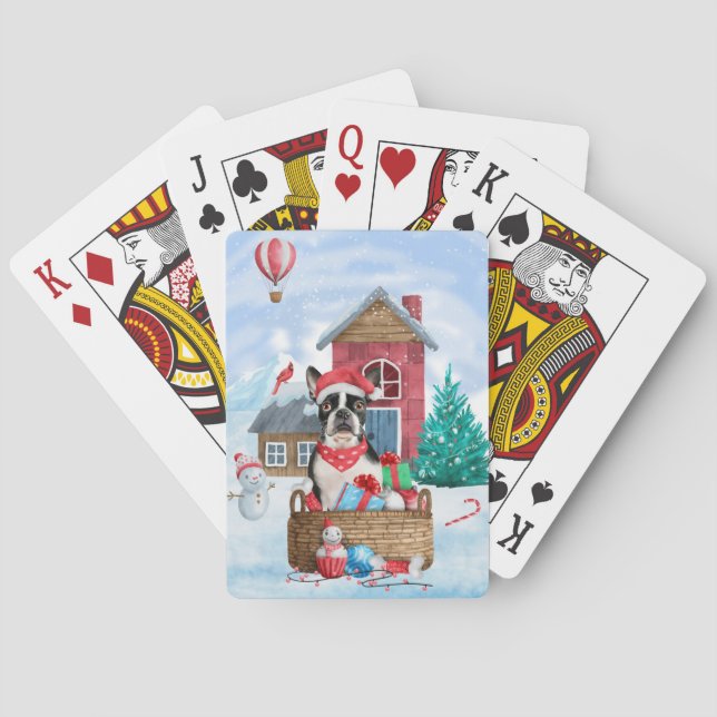 Boston Terrier Dog In snow Christmas Dog House Playing Cards (Back)