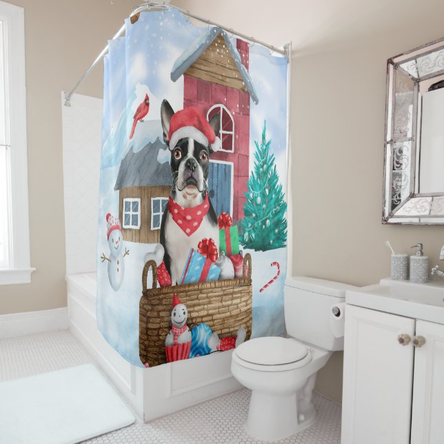 Boston Terrier Dog In snow Christmas Dog House Shower Curtain (In Situ)