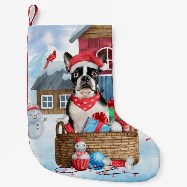 Boston Terrier Dog In snow Christmas Dog House Small Christmas Stocking (Front)