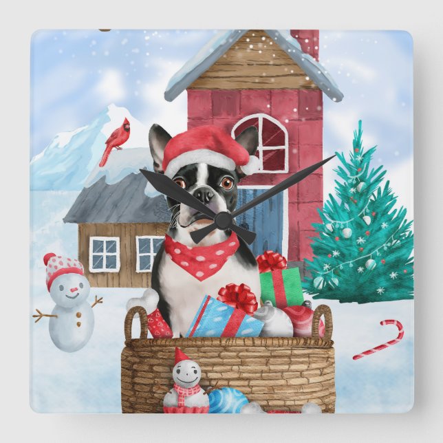 Boston Terrier Dog In snow Christmas Dog House Square Wall Clock (Front)