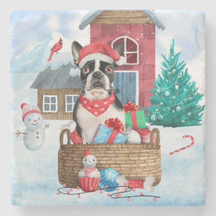 Boston Terrier Dog In snow Christmas Dog House Stone Coaster