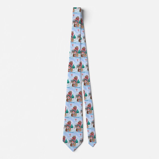 Boston Terrier Dog In snow Christmas Dog House Tie (Front)