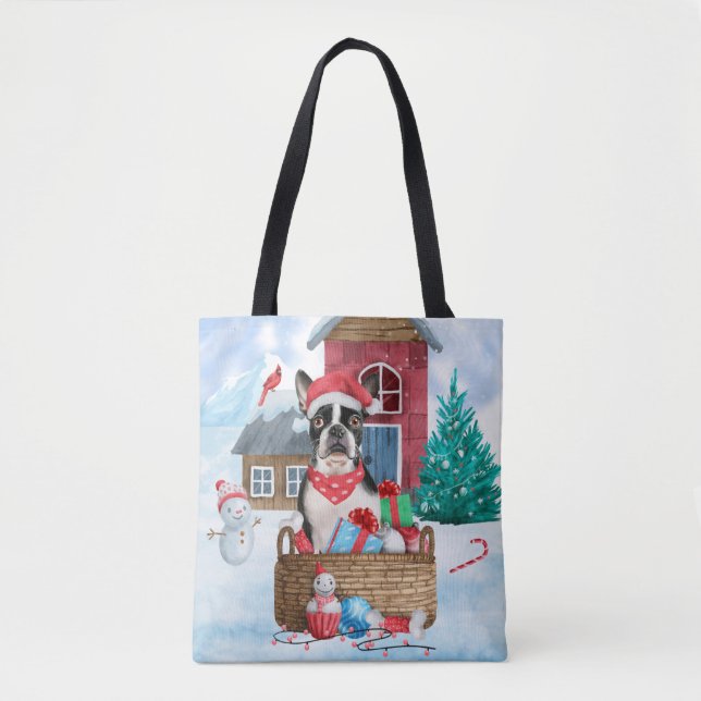 Boston Terrier Dog In snow Christmas Dog House Tote Bag (Front)