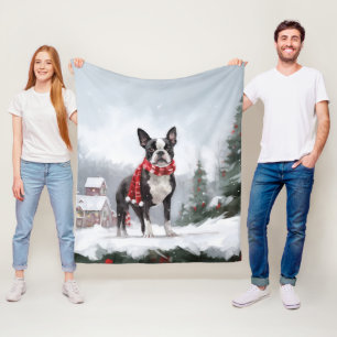 Boston Terrier Dog in Snow Christmas  Fleece Blanket