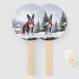 Boston Terrier Dog in Snow Christmas  Hand Fan
