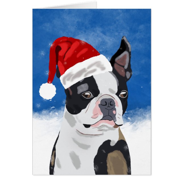 Boston Terrier Dog in Snow Christmas Happy Holiday (Front)