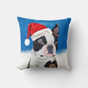 Boston Terrier Dog in Snow Christmas Happy Holiday Cushion
