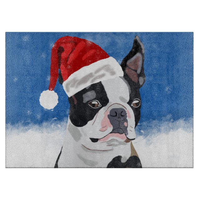 Boston Terrier Dog in Snow Christmas Happy Holiday Cutting Board (Front)