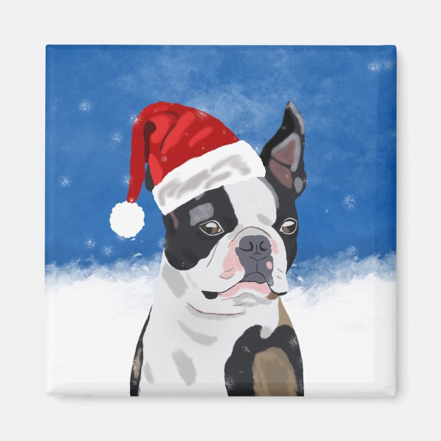 Boston Terrier Dog in Snow Christmas Happy Holiday Magnet (Front)