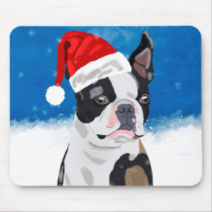 Boston Terrier Dog in Snow Christmas Happy Holiday Mouse Mat