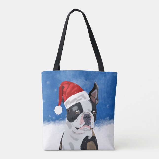 Boston Terrier Dog in Snow Christmas Happy Holiday Tote Bag (Back)