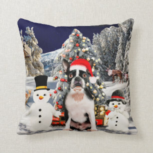 Boston Terrier Dog in Snow Christmas Hat Lights Cushion