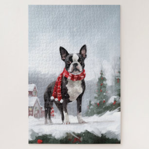 Boston Terrier Dog in Snow Christmas  Jigsaw Puzzle