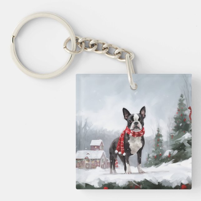 Boston Terrier Dog in Snow Christmas  Key Ring (Front)