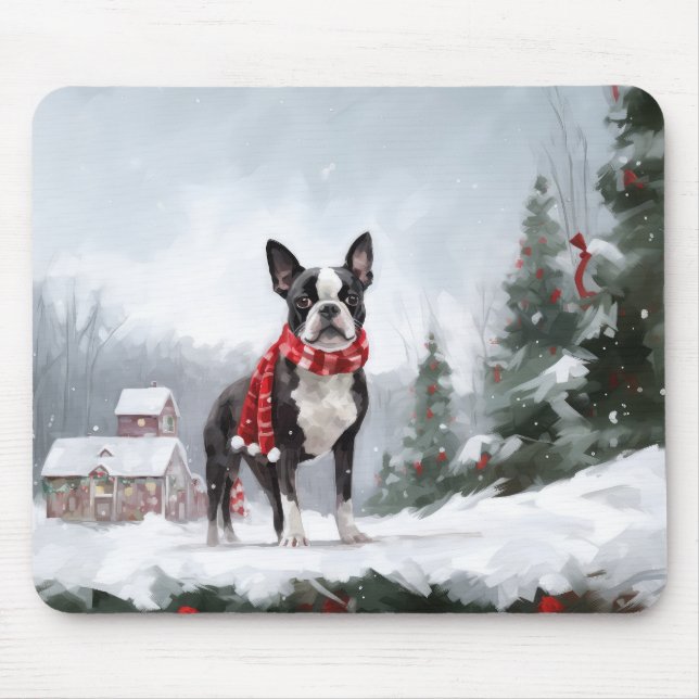 Boston Terrier Dog in Snow Christmas  Mouse Mat (Front)