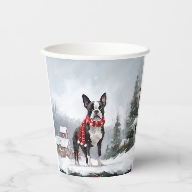 Boston Terrier Dog in Snow Christmas  Paper Cups (Front)