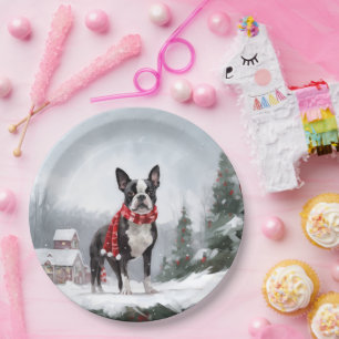Boston Terrier Dog in Snow Christmas Paper Plate