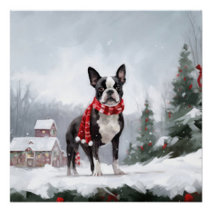 Boston Terrier Dog in Snow Christmas  Poster