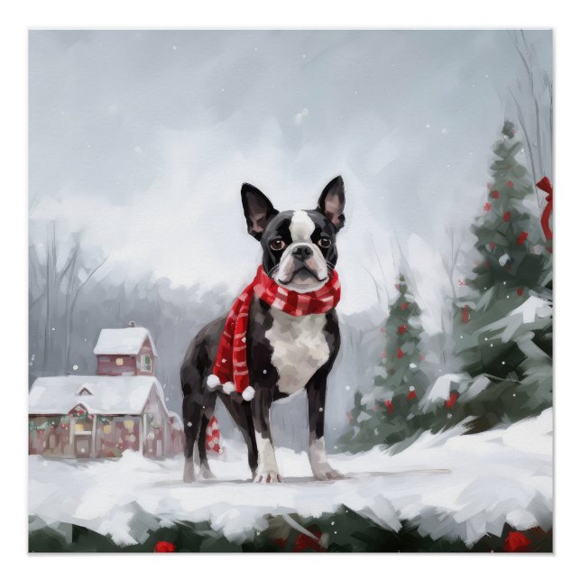 Boston Terrier Dog in Snow Christmas  Poster (Front)