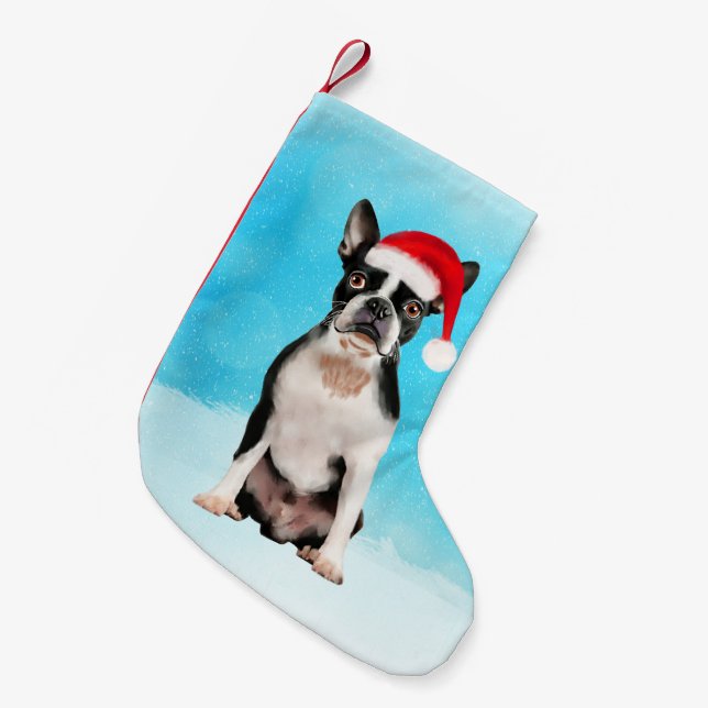 Boston Terrier Dog in Snow Christmas Santa Hat Small Christmas Stocking (Front (Hanging))