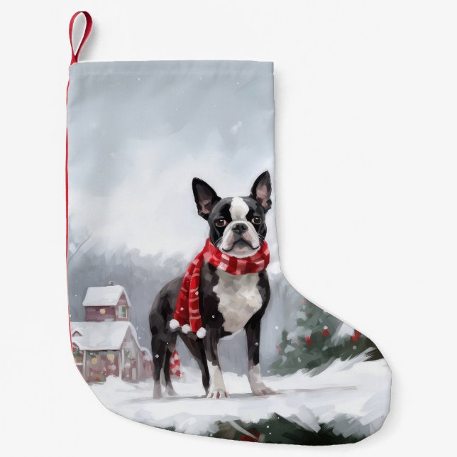 Boston Terrier Dog in Snow Christmas  Small Christmas Stocking (Front)