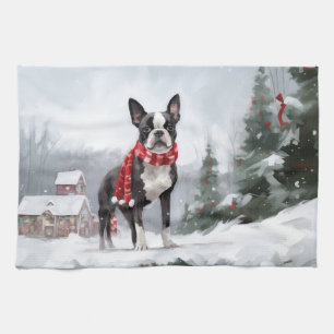 Boston Terrier Dog in Snow Christmas  Tea Towel
