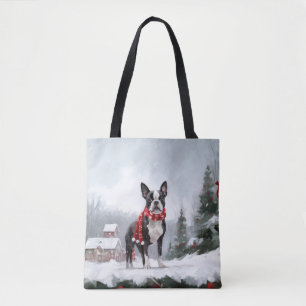 Boston Terrier Dog in Snow Christmas  Tote Bag