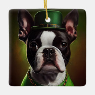 Boston Terrier dog in St. Patrick's Day Dress Ceramic Ornament