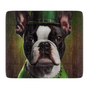 Boston Terrier dog in St. Patrick's Day Dress Cutting Board