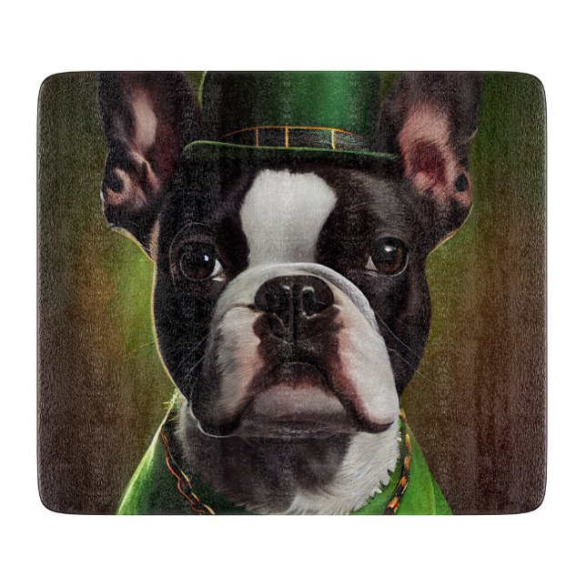 Boston Terrier dog in St. Patrick's Day Dress Cutting Board (Front)