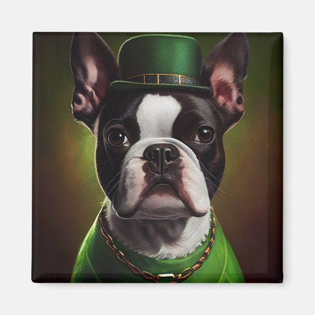 Boston Terrier dog in St. Patrick's Day Dress Magnet (Front)