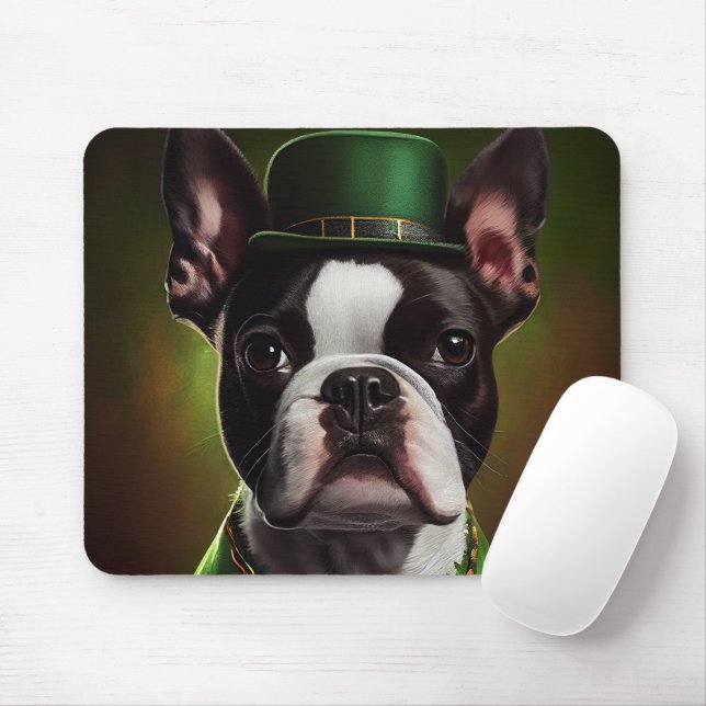 Boston Terrier dog in St. Patrick's Day Dress Mouse Mat (With Mouse)