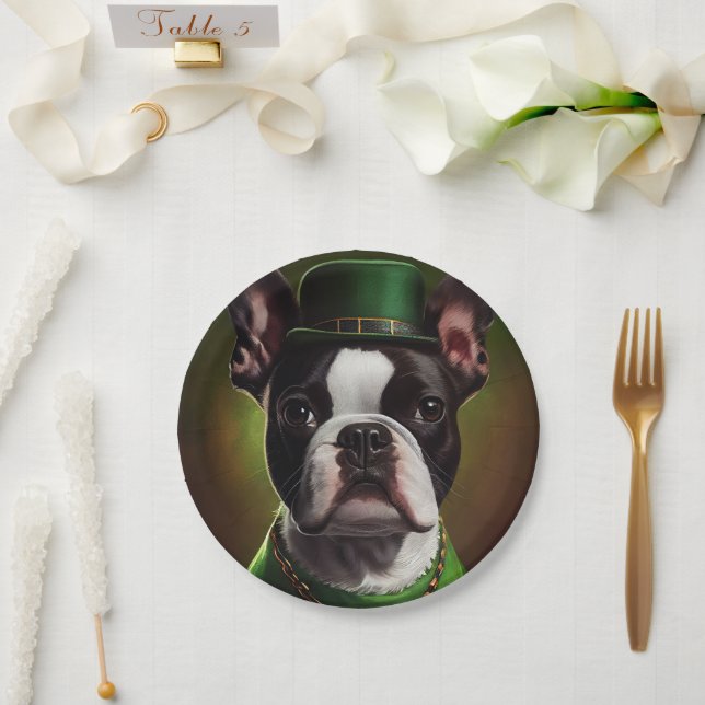 Boston Terrier dog in St. Patrick's Day Dress Paper Plate (Wedding)