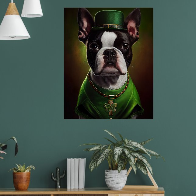 Boston Terrier dog in St. Patrick's Day Dress Poster (Living Room 1)